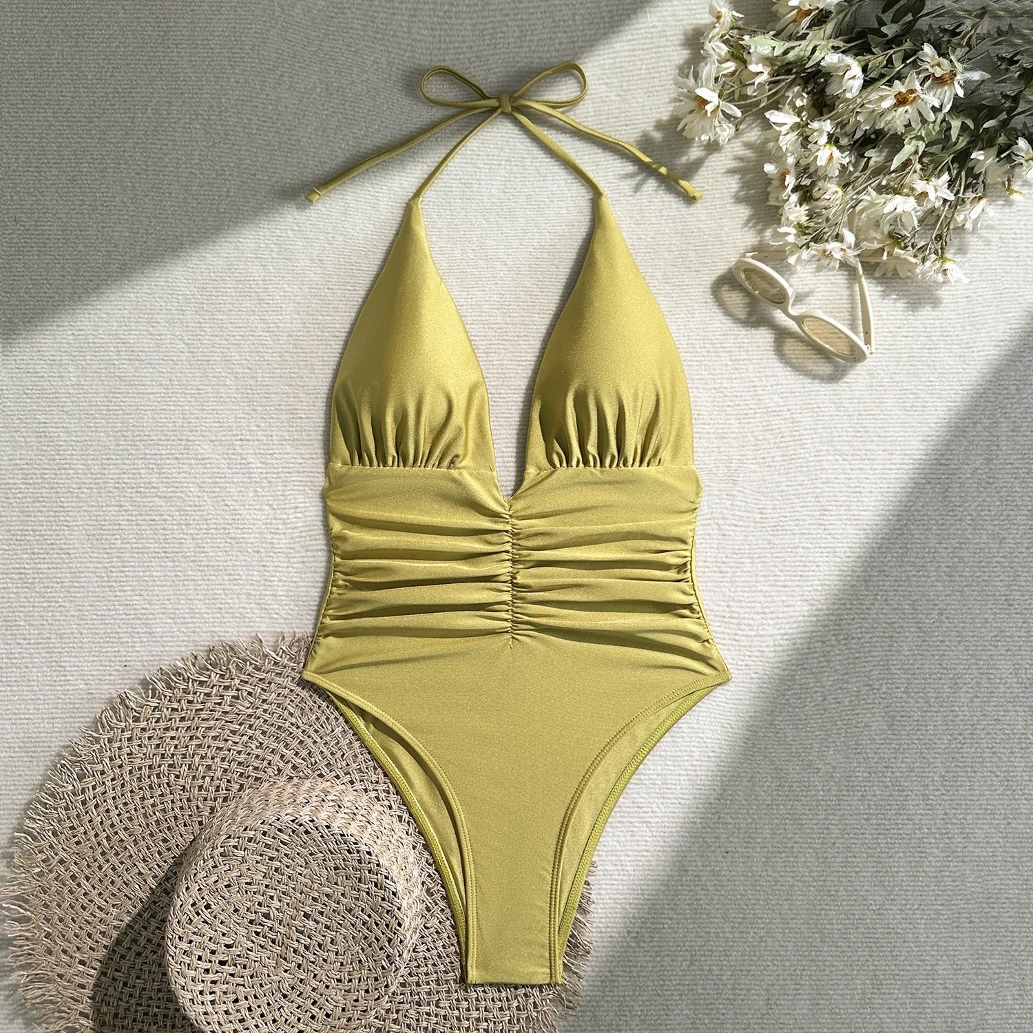 Sexy Deep V Neck Swimwear Women Black White Pleate Tummy Control One Piece Swimsuit 2025 Summer Bathing Suit Backless Monokini