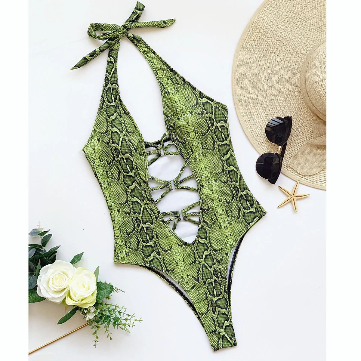 2024 Sexy Women One Piece Swimsuit Female Halter Swimwear Cross Thong Snakeskin Bathing Suit High Waisted Monokini Beachwear