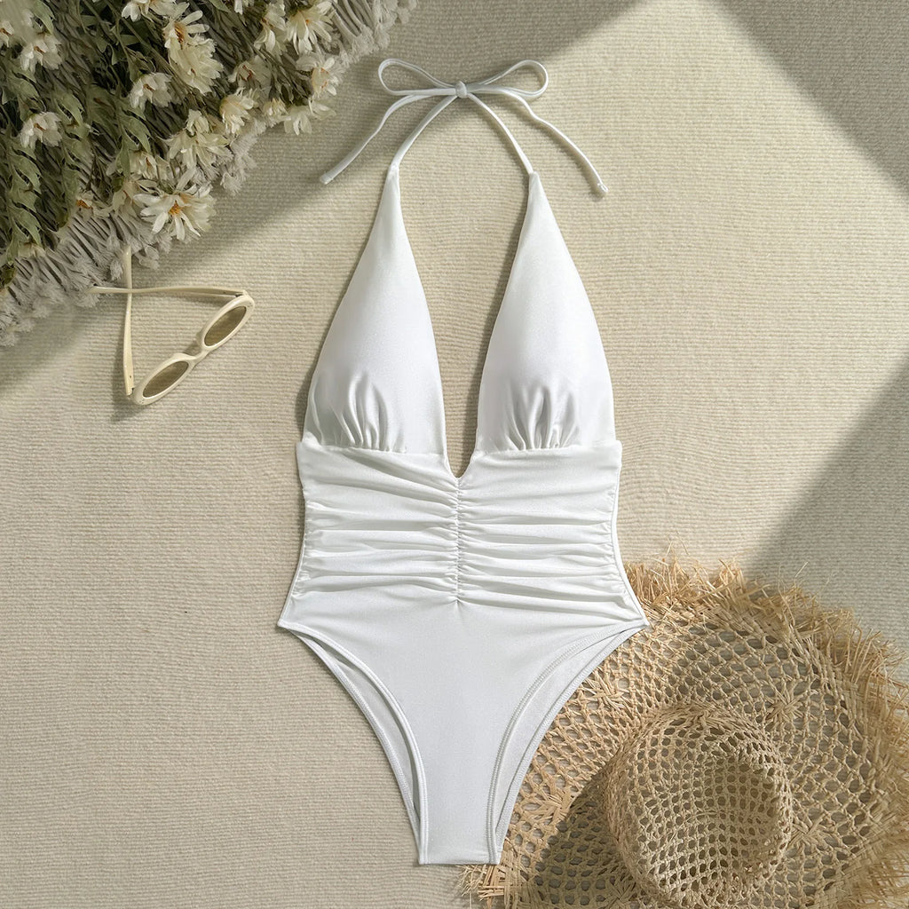 Sexy Deep V Neck Swimwear Women Black White Pleate Tummy Control One Piece Swimsuit 2025 Summer Bathing Suit Backless Monokini