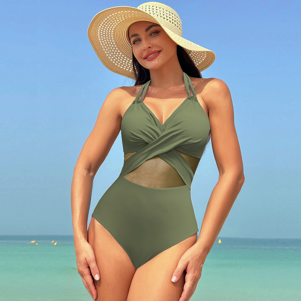 Halter-Neck One-Piece Swimsuit Summer Solid Color Cross-Strap Design Mesh Bikini Beach Vacation Womens Clothing