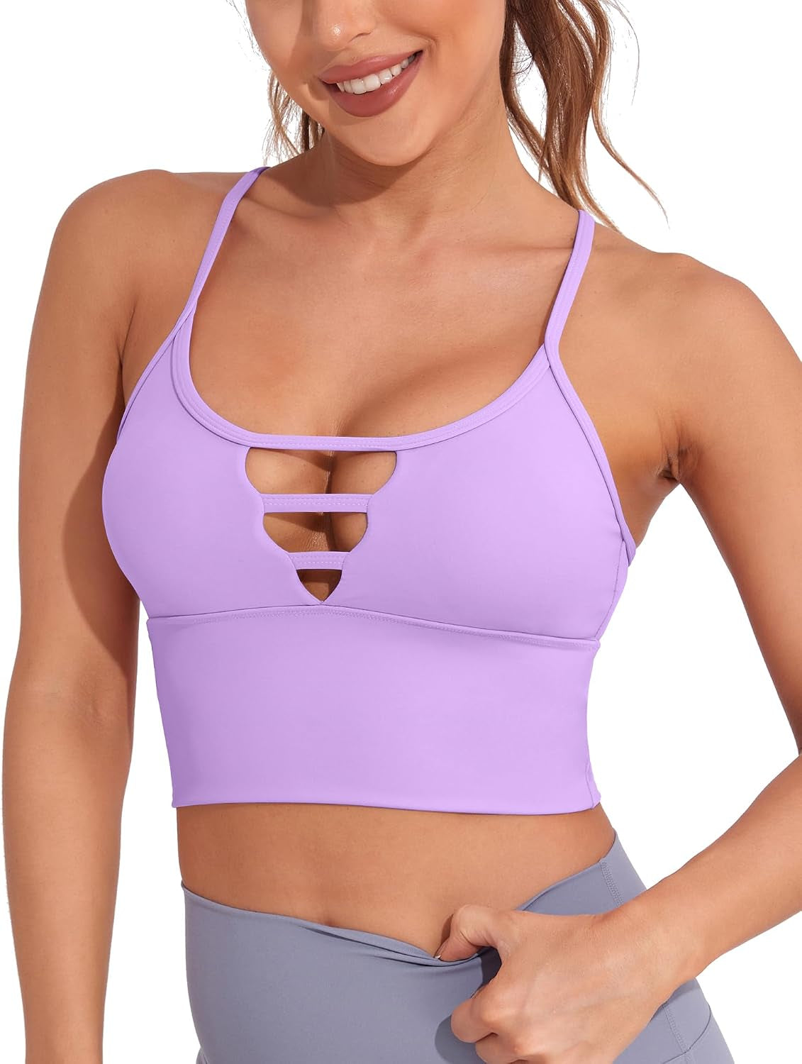 Longline Sports Bras for Women High Support Strappy Push up Workout Tops Built in Bra Padded Crop Yoga Tank Top